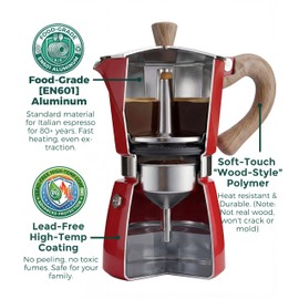 AGOGO Milano Moka Pot Stovetop Espresso Maker with 100 Paper Filters for Sediment-Free Coffee, Classic Italian Greca with Wood-Grain Handle,Cleaning Brush & Towel 6 Cup (10oz / 300ml) Red