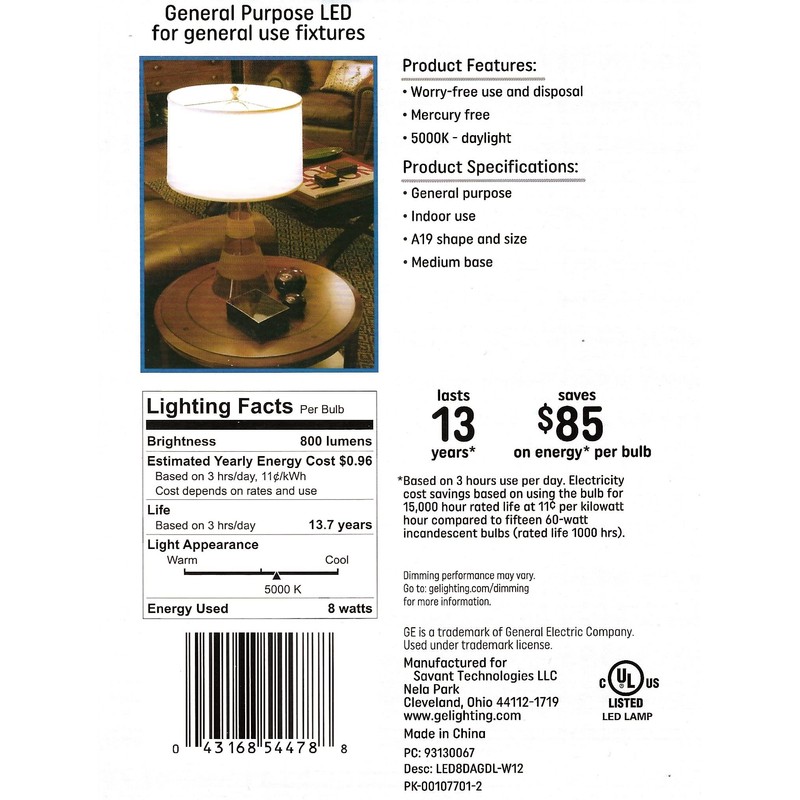 GE Daylight LED Light Bulbs, 8 Watt (60 Watt Equivalent)