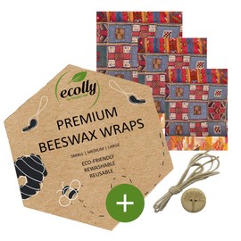 ecolly Premium Beeswax Wraps - Set of 3 (S, M, L), Beeswax Wipes, Beeswax Paper, Free of Plastic & Reusable, Without jojoba Oil, incl. Wooden Button & Cotton Thread - Patchwork