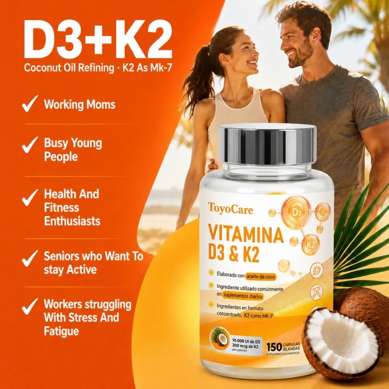 Toyocare Suplemento De Vitamina D3 Y K2 Mk-7, 150 Cápsulas