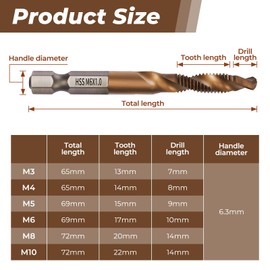 Litorange 6 Pcs 6542 HSS Drill & Taps Bit Set with Cobalt Coating, Screw Tapping Threading Tools in Sizes M3-M10 with 6 mm Hex Shank, Suitable for Professional and Difficult Tapping