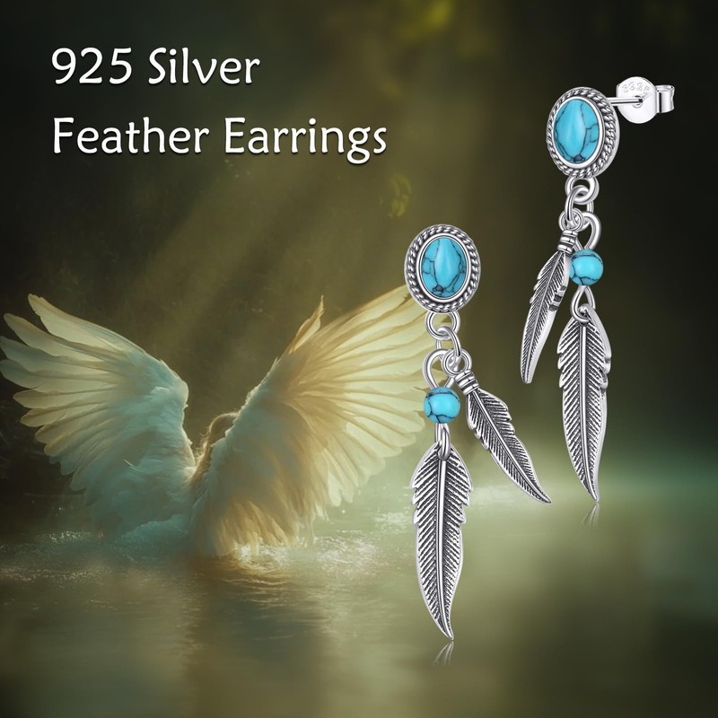YAFEINI Feather Turquoise Earrings 925 Sterling Silver Bohemia Feather Earrings