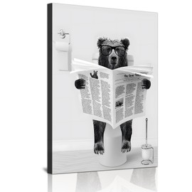 ZFTCN Funny Newspaper Animal Wall Art, Animal Wall Pictures on Toilets, Black and White Canvas Pictures, Bathroom, Bedroom Decoration, Frameless (Spectacular Bear, 30 x 40 cm)