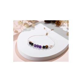 Protection Bracelet, Amethyst Rose Quartz Crystal Beaded Bracelet Black Tourmaline Tiger Eye Beaded Bracelet Healing Dainty Adjustable Bracelet Jewelry Gift for Women Men (Protection)