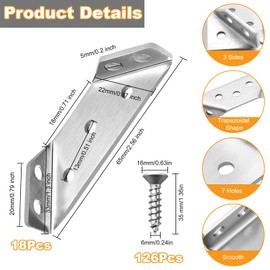 18Pcs Triangular Corner Connectors, Universal Trapeziform Angle Fastener, Stainless Steel Trapezoidal Connector Brackets with 126 Screws, Heavy Duty Triangle Fasten Joint for Wood Cabinet Cupboard