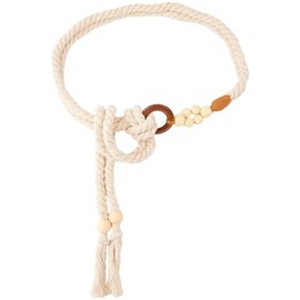BEAMARKER Women Tassel Woven Waist Belt 54.1in White Boho Skinny Knotted Waist Belt Rope Chain Cotton Wax Rope with Wooden Beads Ring Exotic Decorative Accessories for Dresses Skirts Sweater