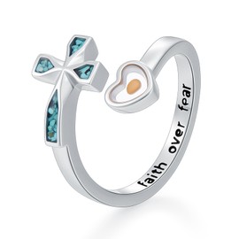 KoyeKei Mustard Seed Ring for Women 925 Sterling Silver Turquoise Cross Faith Rings Adjustable Open Purity Christian Jewelry Religious Gifts for Daughter