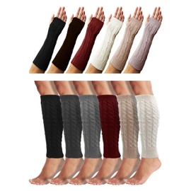 Winter Leg & Arm Warmers Sleeves, 12 Pairs Womens Premium Long Thermal Cable Knit Fingerless Gloves (Assorted A, One Size)