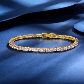Gemsme 4 Prong Tennis Bracelet, 18K Yellow Gold Plated 3mm Round Cubic Zirconia Bracelet for Women Size 8 Inch