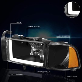 PM PERFORMOTOR LED DRL Headlight Assembly Compatible with Dodge Ram Pickup 94-02 | Headlamps with Black Housing Amber Corner