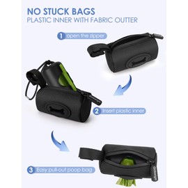 Gobeigo 2-in-1 Dog Poop Bag Holder - Hard Plastic Insert & Fabric Outer Bag | One-Pull Smooth Dispensing (No More Stuck Waste Bags) | Snap-On Strap Fits Retractable/Standard Leashes (Black)