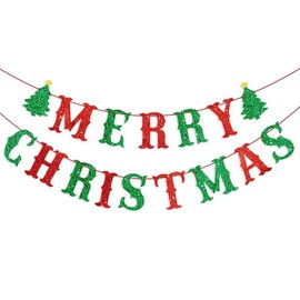 Red Green Glitter Merry Christmas Banner Xmas Tree Bunting Banner Glittery Christmas Decorations Winter Holiday Fireplace Mantle Decor Party Supplies Photo Props