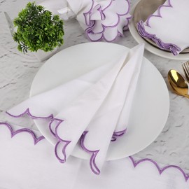 Scalloped Embroidery Cloth Napkins Premium Quality Table Decor Spring and Summer 100% Cotton Reusable Washable Napkin -18 x 18 inch (Sl-White Napkin with Purple Edges, Pack of 4)