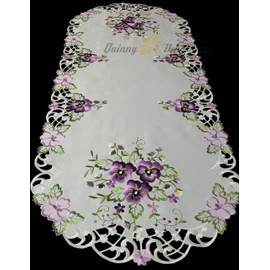 Quinnyshop Purple Pansy Embroidery Table Runner 45 x 110 cm Oval Polyester, White