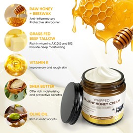 Beef Tallow for Skin, Grass Fed Beef Tallow and Honey Balm Body & Face Moisturizer, Unscented All Organic Whipped Tallow Face Cream, Natural Formula, All Skin Types 2 Oz