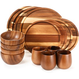 Maxdot 16 Pcs Acacia Wood Dinnerware Set, Round Wooden Plates,Solid Wooden Bowls and Tea Cups, Acacia Wood Tableware Supplies, Easy Cleaning & Lightweight for Dishes Snack, Dessert, Set for 4