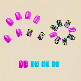 Long French Press on Nails with Design Hot Pink Square Shape Colorful Swirls French Tips Fake Nails Glossy Gel Press Nails Full Cover Reusable Glue on Nails for Women Girls in 24 PCS