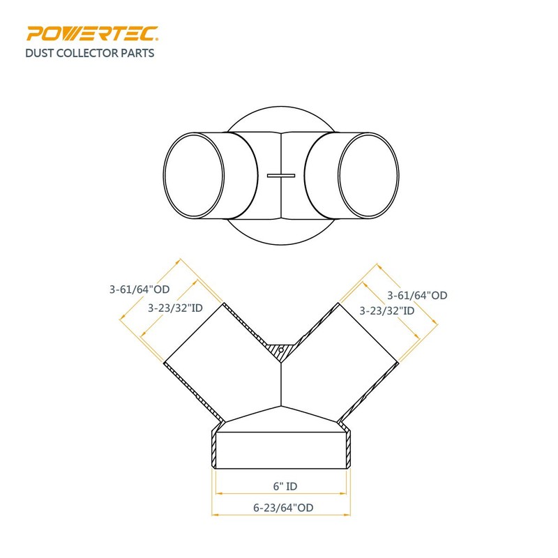 POWERTEC 70189-P2 Dust Collector Y-Fitting | 6-Inch to 4-Inch Hose