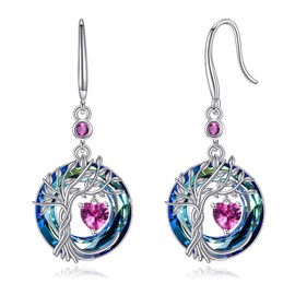 Tree of Life Earrings 925 Sterling Silver Dainty Pink Tourmaline Dangle Drop Gemstone Earring October Birthstone Fine Jewelry Birthday Christmas Gifts for Women Her