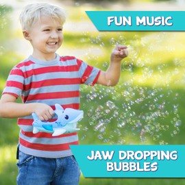 Handheld Shark Bubble Blower with Music – Squeeze-Activated Bubble Maker for Kids, 4oz Non-Toxic Solution Included, Fun for Outdoor Play, Pool Parties, Birthdays, Beach Days, Summer Fun, Ages 3+