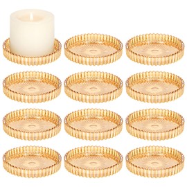 12 Pack 3.9 Inch Glass Pillar Candle Holder Plates, Round Gold Glass Plate Serrated Candle Stand, Candle Tray Plates for Wedding, Party, Dinning, Table Centerpiece and Home Decor