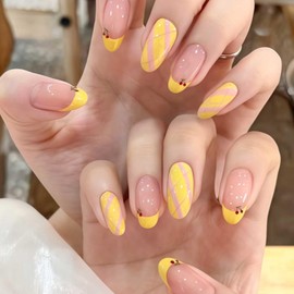 Hkanlre Yellow Press on Nails Medium Fake Nails Tips Full Cover Almond Flower False Nails for Women 24PCS