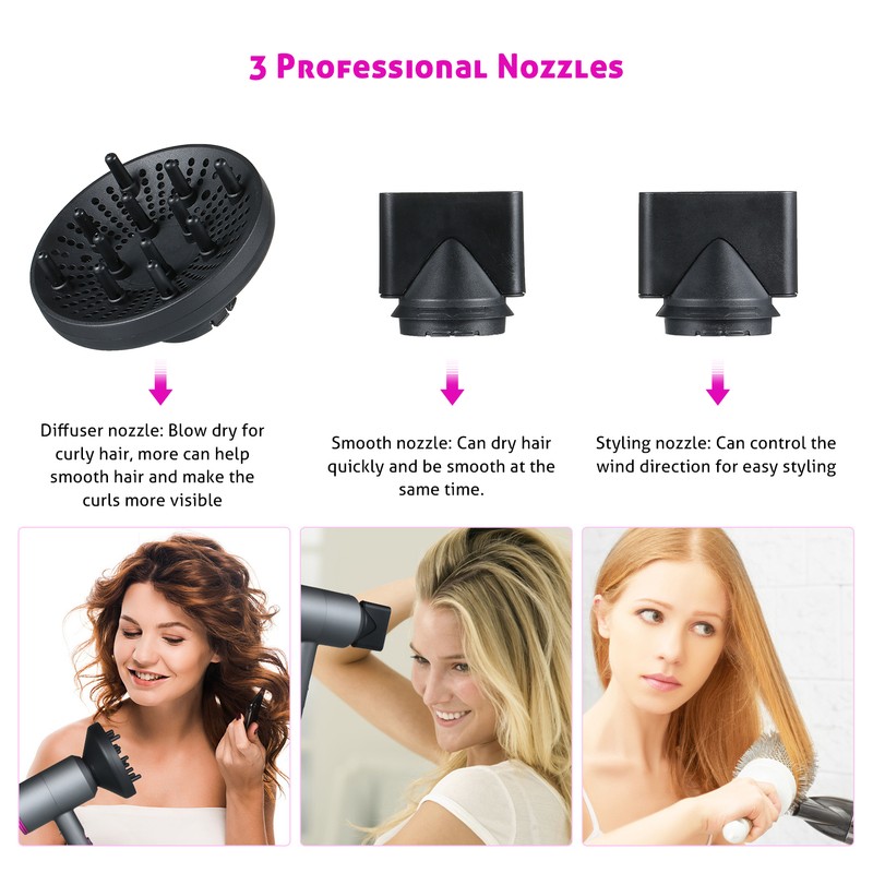Ionic Hair Dryer with 3 Nozzles Diffusers 3 Heat Settings