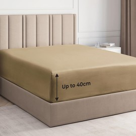 Double Fitted Bed Sheet - Luxury Deep Pocket Single Fitted Sheet - Fits Mattress Up to 40cm 16" - 135cm x 190cm x 40cm 16" - Soft & Wrinkle Free - Extra Deep Pockets - Fitted Bottom Sheet Only (Beige)