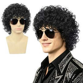 Gruee Hair Black Curly Wig + Glasses for Men Disco Costume Heat Reesistant Synthetic Short Curly Wig for Funny Halloween Cosplay Party