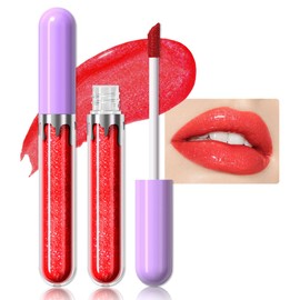Hxssll Liquid Pearlescent Lip Stain with Fine Glitter, High Shine Liquid Lip Gloss Set, Non-Sticky Long-Lasting Lipstick Moisturizing Lip Oil 10#(True Red)
