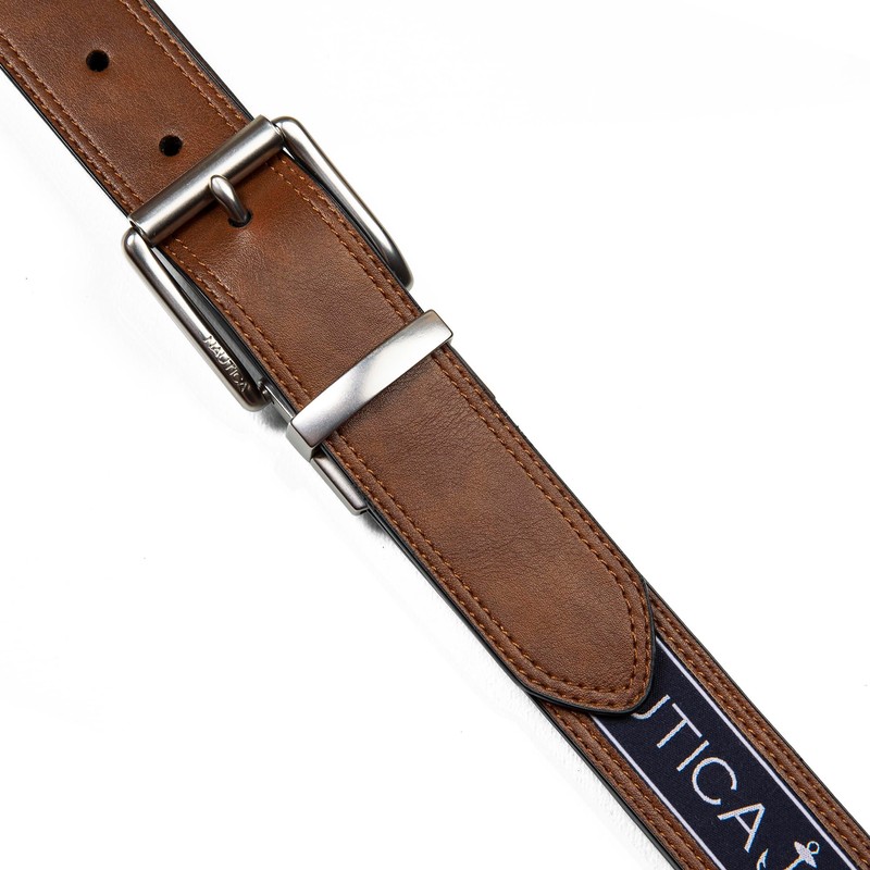 Nautica Men's Reversible Belt, Flag Pattern-Cognac, 38"