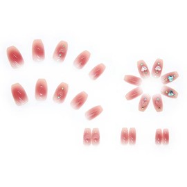 Press on Nails Square Medium Length, Pink Artificial Acrylic Fake Nails with 3D Love Heart Crystal Designs, Full Cover Reusable Coffin False Nails Set Women Glue on Nails Stick on Nails for Nail Art