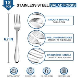 E-far 12-Piece Salad Forks, Stainless Steel 6.7 Inches Stainless Steel Fork Set for Home Kitchen Restaurant, Mirror Finish, Dishwasher Safe