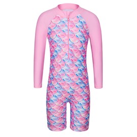 TFJH E - Traje de baño de una pieza para niñas, UPF 50+, traje de baño UV con cierre de 3 a 14 años, B Pink Scale Long, 5-6 Años
