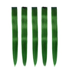 Winsky Green Clip in Hair Extensions 100% Real Human Hair - Straight Highlights Colored Clip on Christmas Hairpieces 5 Pieces/Set (18inch, Green)