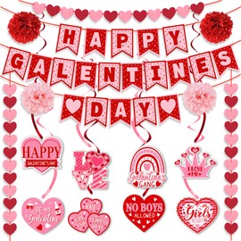 Galentines Day Decorations Set - NO DIY - Happy Galentines Day Banner & Valentines Day Felt Heart Garland & Hanging Swirls Galentines Decorations for Girls Ladies Night Party Supplies Photo Prop