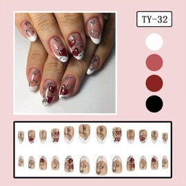 Valentines Press on Nails Medium Oval Fake Nails With Red Glitter Love Heart Designs White French Tip False Nails Acrylic Stick on Nails Romantic Artificial Nails for Women 24 Pcs