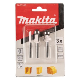 Makita D-53338 3 Piece Carbide 6mm Shank Wood Router Bit EN847 1x Groove Cutter 1x Flush Cutter 1x Round Edge Cutter