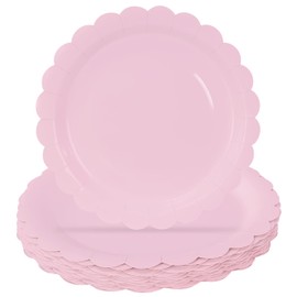 HEIPINIUYE 25 Pieces Light Pink Paper Plates 9 Inch Pink Scalloped Plates Disposable Dinner Plate for Wedding Baby Shower Birthday Party Dessert Plate