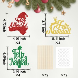 12Pcs Feliz Navidad Centerpiece Sticks, Merry Christmas Centerpiece Sticks, Xmas Tree Snowman Party Table Sticks, Christmas Theme Birthday Wedding Anniversary Party Supplies Green Gold Red Glitter