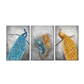 iHAPPYWALL 3 Pieces Abstract Peacock Canvas Wall Art Blue and Gold Peacock Feather Animal Picture Giclee Print for Modern Home Bedroom Decor Ready to Hang 16x24inchx3pcs