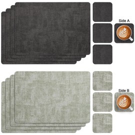 Myir JUN Washable Leather Placemats and Coasters, Double-Sided Place Mats Set of 4 Non-Slip Placemats Leather Faux Leather Place Mats (Grey Green, Set of 4)