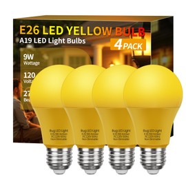 Roche Jaune Bug Light Bulbs for Outdoor - A19 9W Yellow Bug Lights for Outside, 60W Equivalent, 2000K Amber Porch Light Bulb, E26 Base, Not-Dimmable, Perfect for Patio, Deck, Backyard, 4 Pack