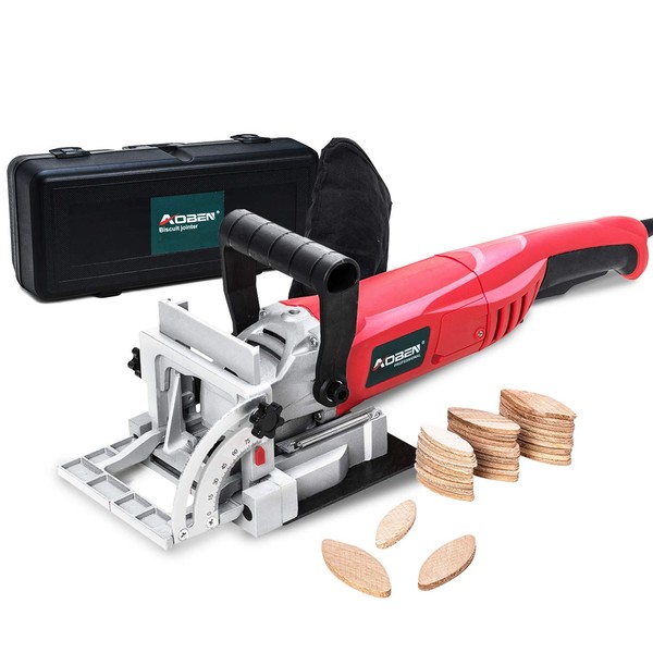 AOBEN 8.5 Amp Biscuit Cutter Plate Joiner with No. 0 Wood(30 Pcs) No. 10 Wood(30 Pcs) No. 20 Wood(50 Pcs), 4" Tungsten Carbide Tipped Blade, Adjustable Angle and Dust Bag