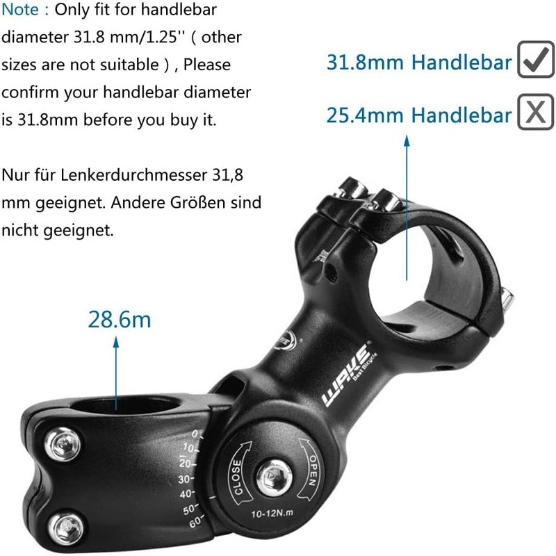 FOMTOR Bike Adjustable Stem 31.8mm 0~60 Degree WAKE Adjustable Handlebar