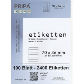 pripa Etikettenformat 70 x 36 mm 100 Blatt DIN A4 Selbstklebende Etiketten
