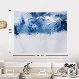 Batmerry Mountain Blue White Tapestry, Mountain Winter Blue Tone White Digital Watercolor Picnic Mat Hippie Trippy Tapestry Wall Art Decor for Bedroom Living Room, 39.4 x 59.1 Inches, Blue Ice