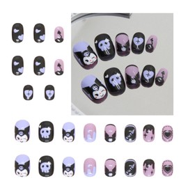 Generic 24PCS Black Rabbit Short Press on Nails,Black and Purple Press on Nails Short for Girls and Women,Fake Nails Kit with Glue Jelly Glue Stick Mini File and Wet Wipes