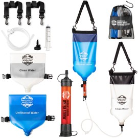 Gravity Water Filtration System – 2 High Capacity Lightweight Hanging Bags for Backpacking, Camping, Survival, Hiking, Hunting - Dirty, Clean Water Bags, Water Filter and Cleaning Plunger Included