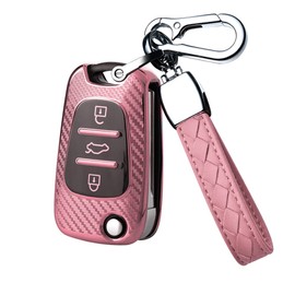 HIBEYO TPU Carbon Fiber Texture Car Key Fob Cover with Keychain fits for Hyundai Ix35 Elantra Accent Kia Sportage Rio Soul Sorento Car Key Case Cover Jacket Smart Remote Car Key Holder 3 Button Pink